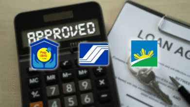 Calculator showing "APPROVED" with loan agreement, keys, and icons representing types of loans from government agencies.