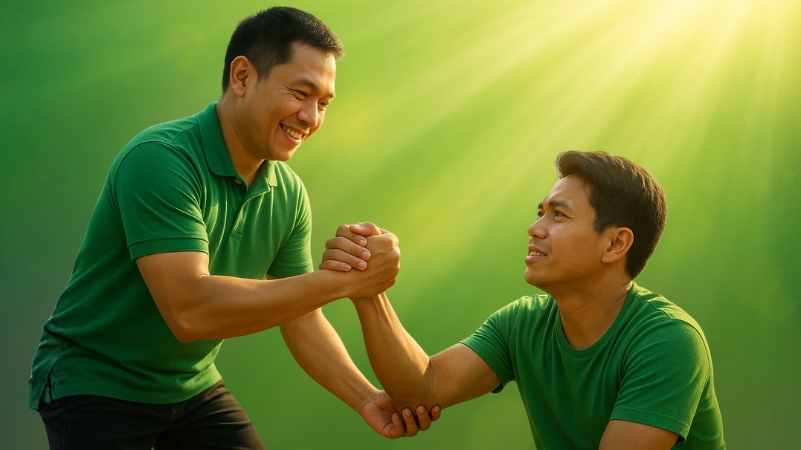 Two Filipino men wearing green shirts share a moment of unity and support under warm, glowing sunlight. One man helps the other stand, symbolizing hope, compassion, and progress against a radiant green background with sun rays and soft bokeh effects.