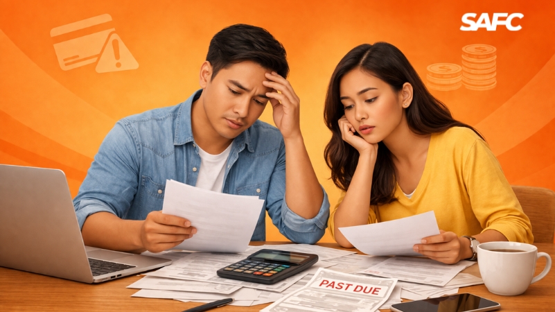A couple reviewing overdue bills, highlighting the stress of common loan mistakes in managing finances.