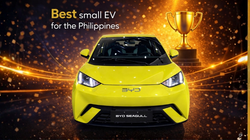 The BYD Seagull, awarded the best small EV for the Philippines, showcases a compact, eco-friendly design in bright yellow.