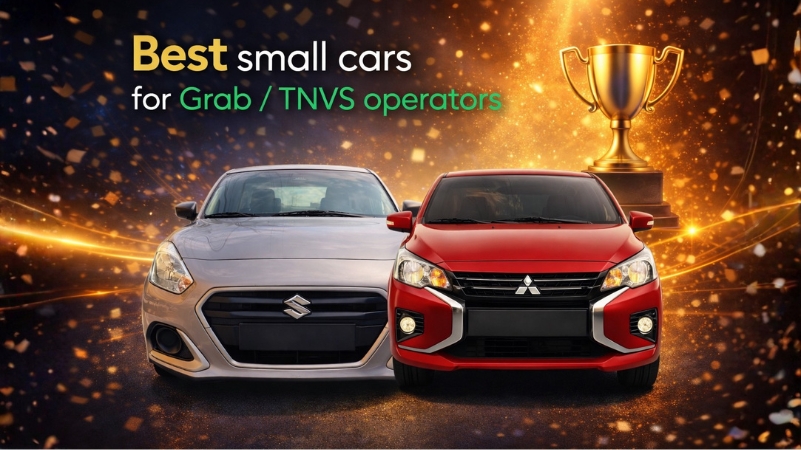 The image shows a Suzuki Dzire and a Mitsubishi Mirage G4, both highlighted as the best small cars for Grab/TNVS operators.