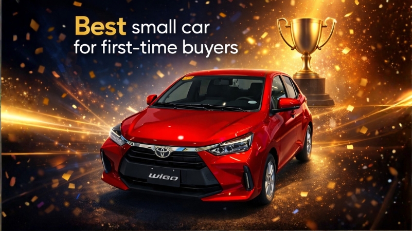 A red Toyota Wigo, highlighted as the best small car for first-time buyers, is shown with a trophy backdrop.