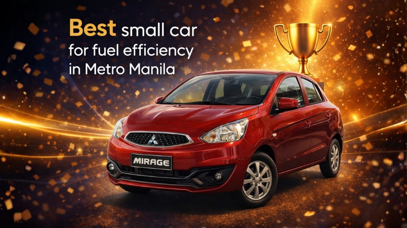 The image features a red Mitsubishi Mirage, highlighted as the best small car for fuel efficiency in Metro Manila.