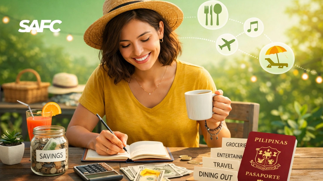 Smiling woman budgets at a table with cash, envelopes, and passport; icons show spending categories in a calm green setting.
