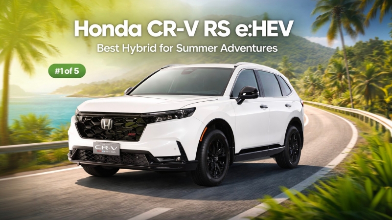 White Honda CR-V RS e:HEV parked on a scenic coastal road, with palm trees and mountains in the background, showcasing the best hybrid car for summer adventures.