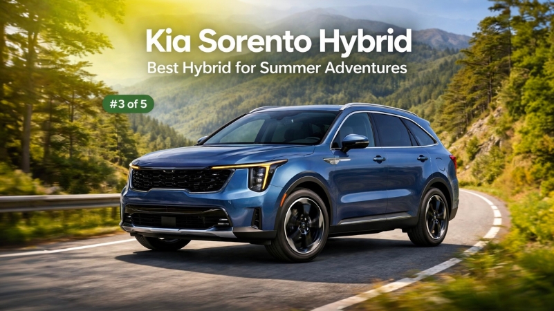 Kia Sorento Hybrid cruising along a scenic mountain road—definitely one of the best hybrid cars for your summer adventures