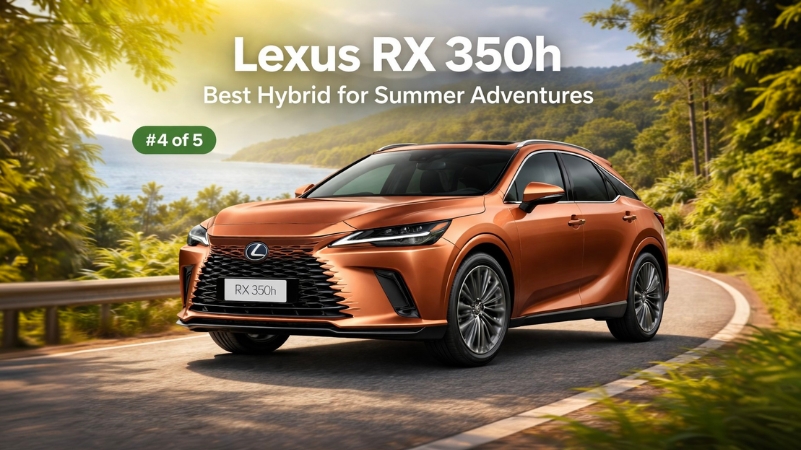 Orange Lexus RX 350h driving along a winding road surrounded by lush greenery and hills