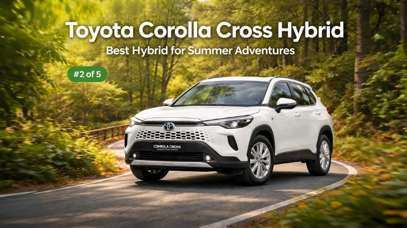 White Toyota Corolla Cross Hybrid driving through a scenic forest road, showcasing the perfect hybrid car for summer adventures.
