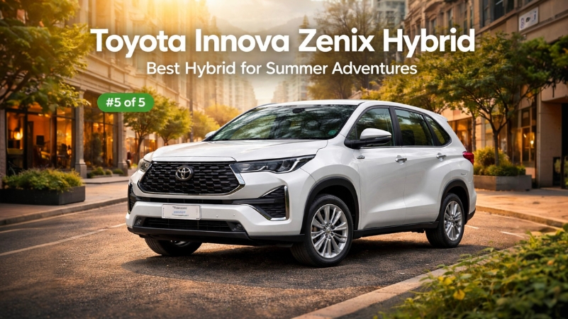 White Toyota Innova Zenix Hybrid parked on a scenic city street, representing the best hybrid car for summer adventures.