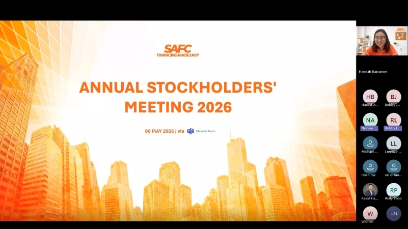 Virtual screenshot of SAFC’s 2026 Annual Stockholders’ Meeting presentation displaying the event title, date of May 8, 2026, and Microsoft Teams interface with attendees joining online.