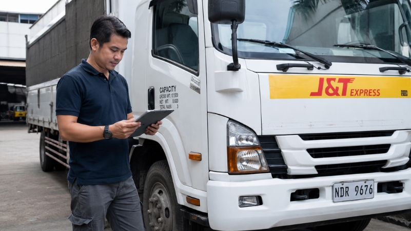 Filipino truck owner checking delivery schedule beside parked cargo truck