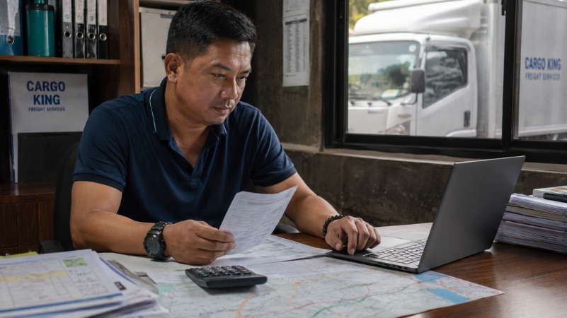 Small Filipino trucking business owner reviewing earnings and routes