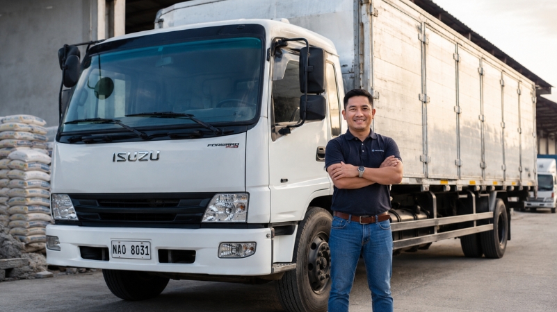 Successful Filipino truck owner standing beside working cargo truck